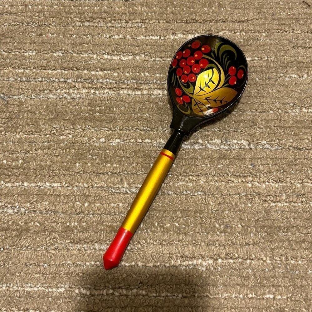Vintage Russian Folk Art, Khokhloma Ladle, Spoon, Wood, Hand-Painted, Lacquer